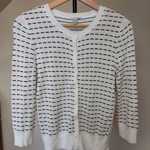 Halogen White/cream and Black Patterned Button Up Sweater Cardigan 3/4 Sleeve